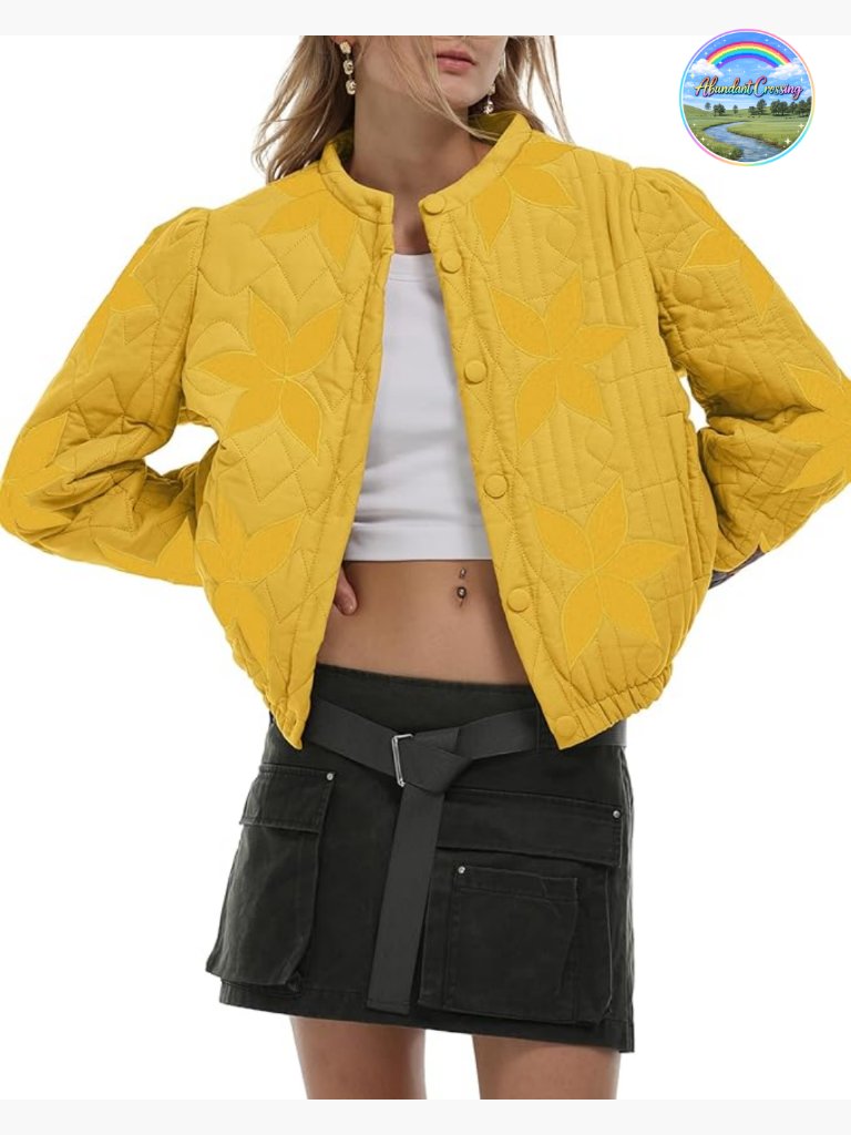 Women's Lightweight Floral Embroidered Cropped Quilted Jacket Button Down Puffer